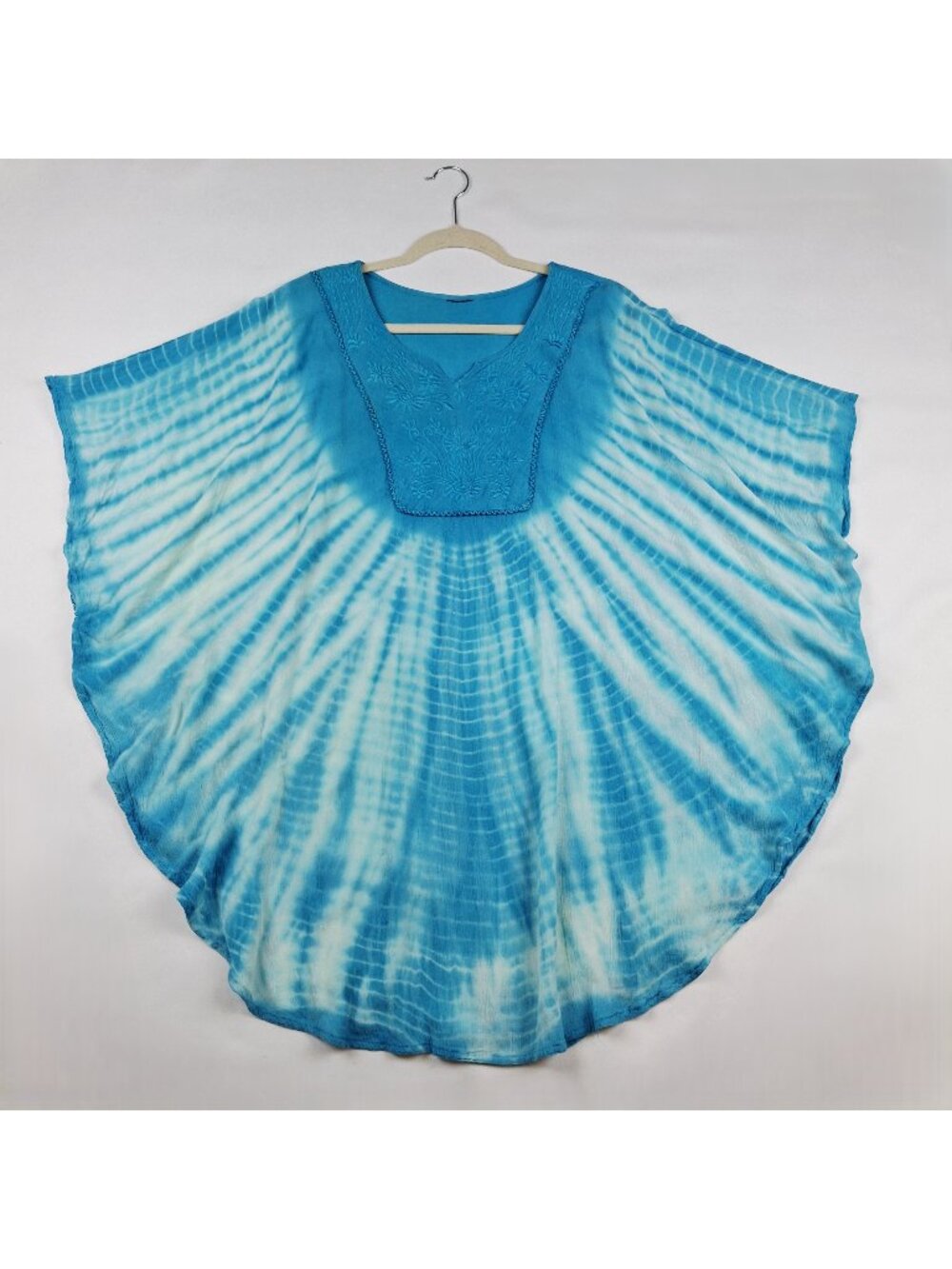 OS Plus Sz Boho Tie Dye Beach Coverup Kaftan Poncho Blue White Embroidered Dress